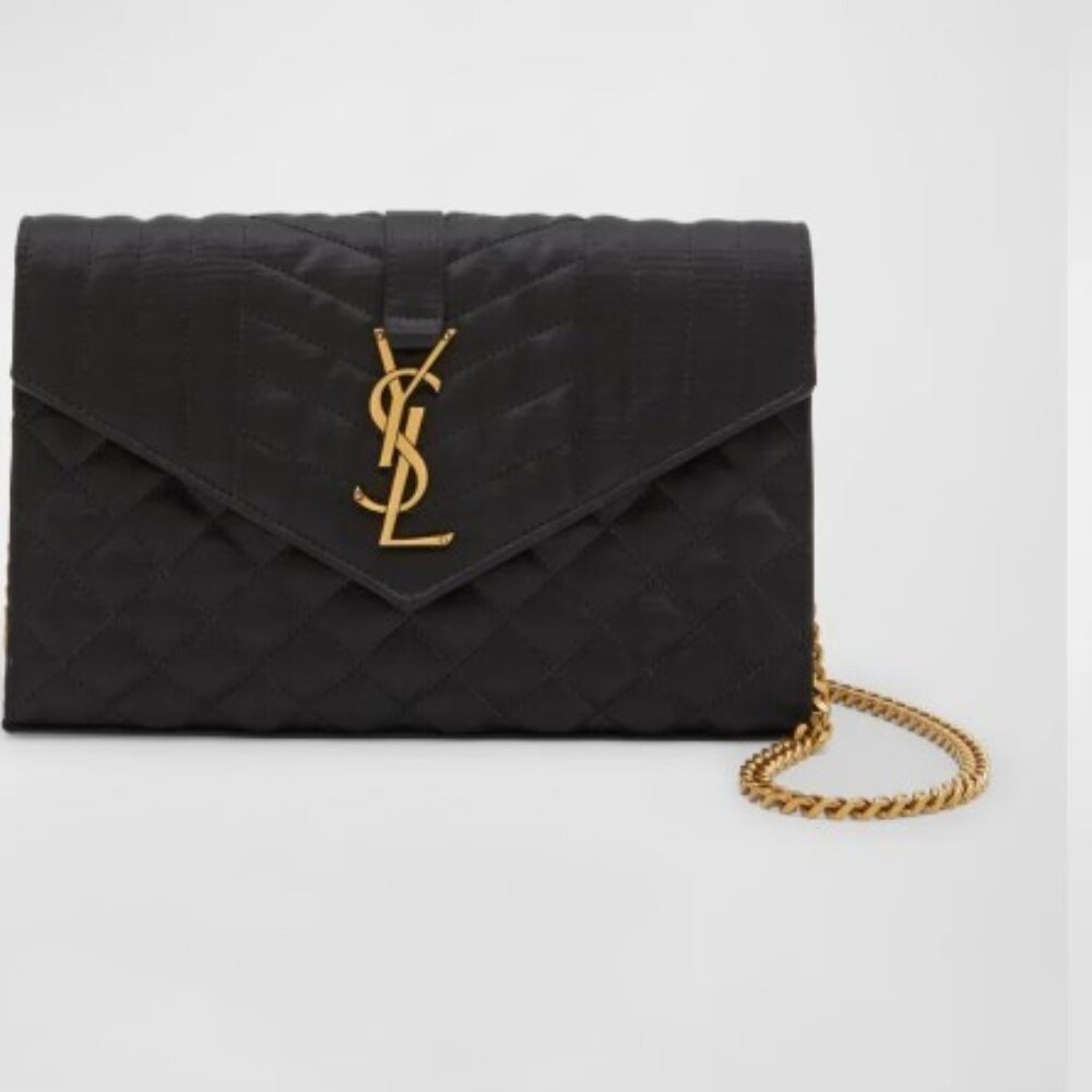 YSL Monogram Large Wallet on Chain in Black Satin